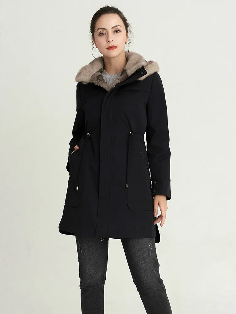 Женское пальто с натуральным мехом норковый меховой воротник капюшоном шуба из