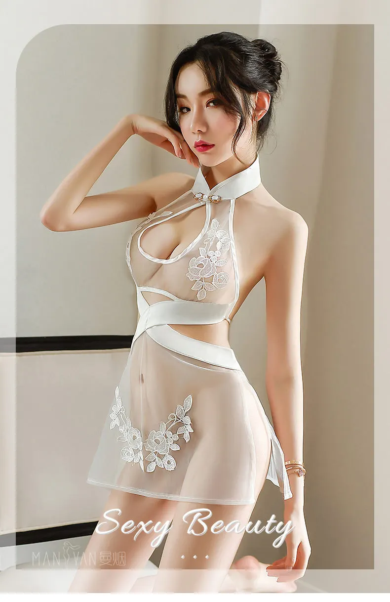 Жаккард; сетка прозрачные сексуальные китайские Сплит Мини платья Qipao традиционное Ципао Babydoll нижнее белье вечерние униформа для ночного клуба