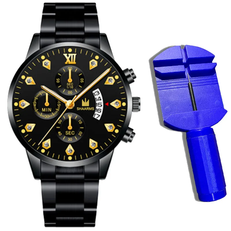 2021 Luxury Brand SHAARMS Alloy Strap Men's Watch Diamond Waterproof Quartz Watch for Men's Analog Three-eye Calendar Male Clock 