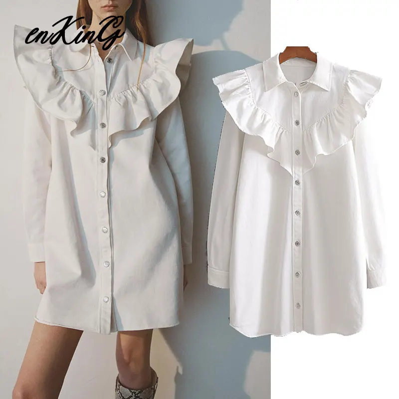 

2020 england high street vintage solid cascading ruffles loose denim mini za dress women vestidos vestidos de fiesta de noche