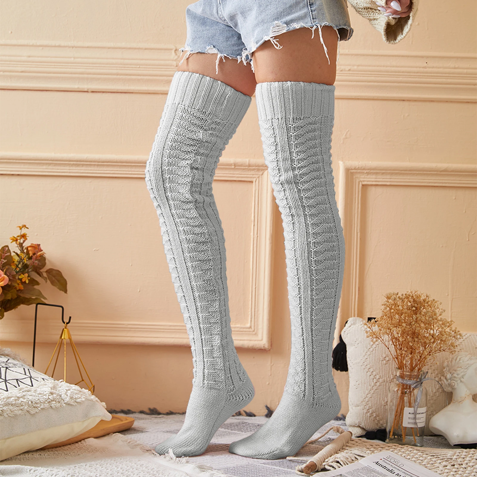 Calcetines altos por encima de la rodilla para mujer niña, medias cálidas de algodón, con estampado degradado, por encima de la - AliExpress