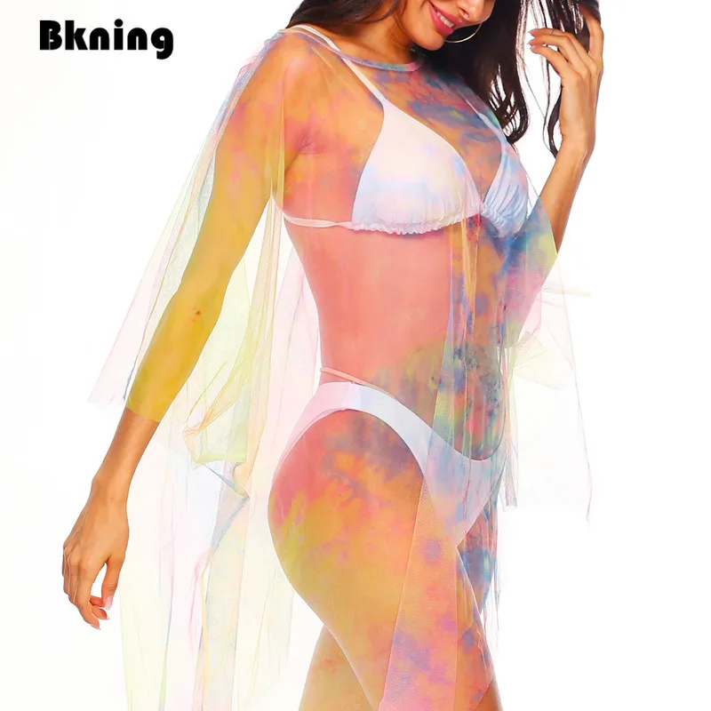

Bkning Sexy Beach Cover Up Women Dress Tunic Colorful Cover Ups for Women Irregular Perspective Mesh Coverups Sheer Beachwear