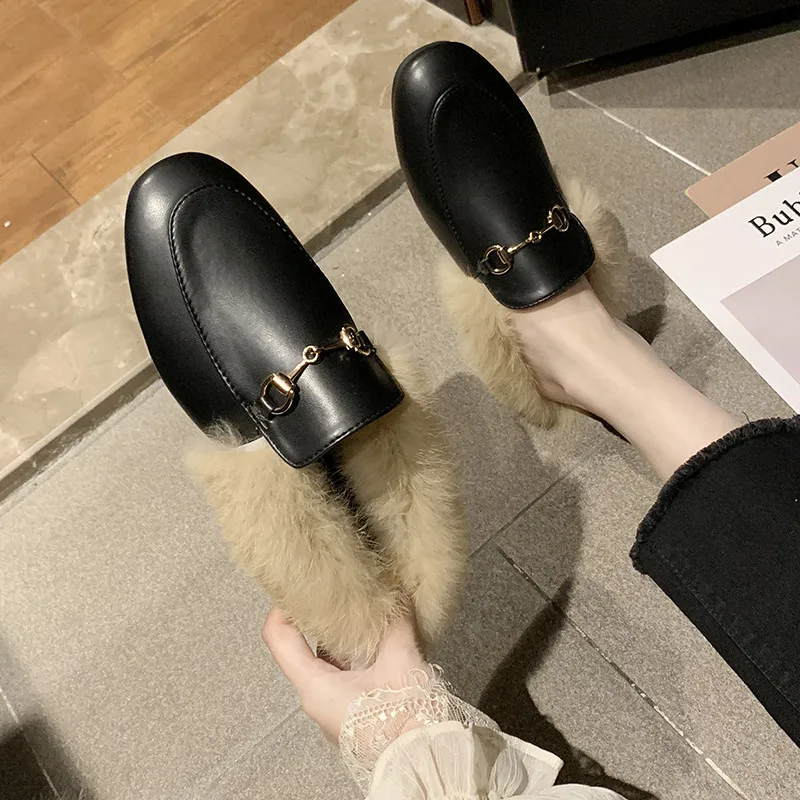 

Round Toe High Strange Style Mules With Fur PU Funny Slipper Women Leather Slides Loafer Rubber Gladiator Shoes