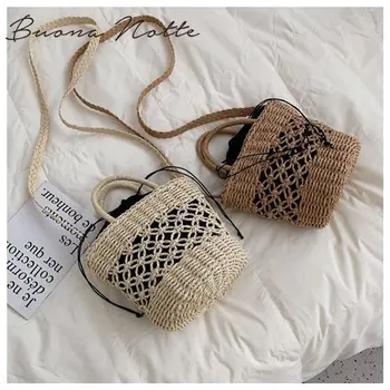 

2020 new women's hollow woven paper rope handbag leather shoulder strap portable Crossbody Bag