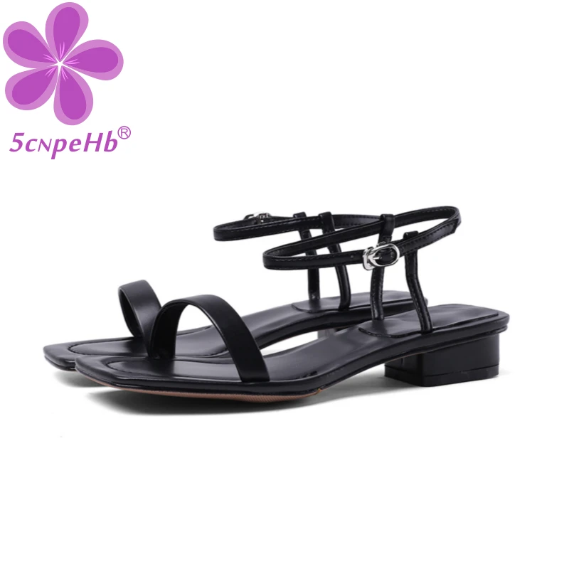 

Genuine Leather Sandals Low Heel Square Head Fashion Lightweight Breathable Casual Women Beach Shoes Buckle Open Toe Roman Tide