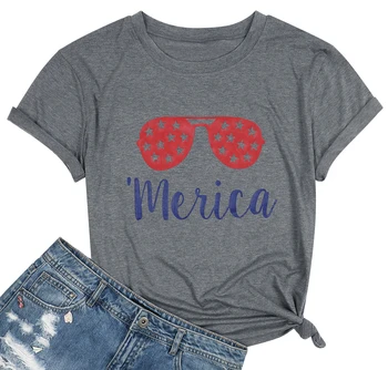 

4th of July star glasses print ‘Merica letter short sleeve T-shirt Summer Female T shirt Short Sleeve T shirt Women Clothing