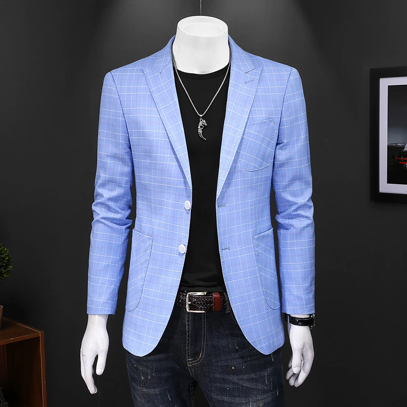 

Светильник синий комплекты клетчатых блейзеров для Для мужчин Slim Fit костюм Homme Mariage; Jaquetas Ho Для мужчин s Terno Повседневное с деловым блейзером человек Q208