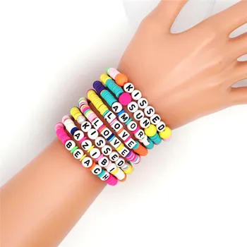 

Boho Polymer Clay Letter Beads Stretch Charms Bracelet For Men Women Rainbow Color Vinyl Record Beads Bracelet Jewelry Gift
