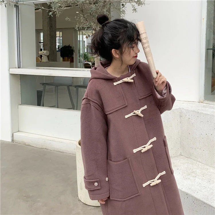 Women Wool Blends Korean Style Horn Button Elegant Hooded Preppy Girls Loose Autumn Winter Warm Cute Kawaii Casual Jacket best winter coats for women