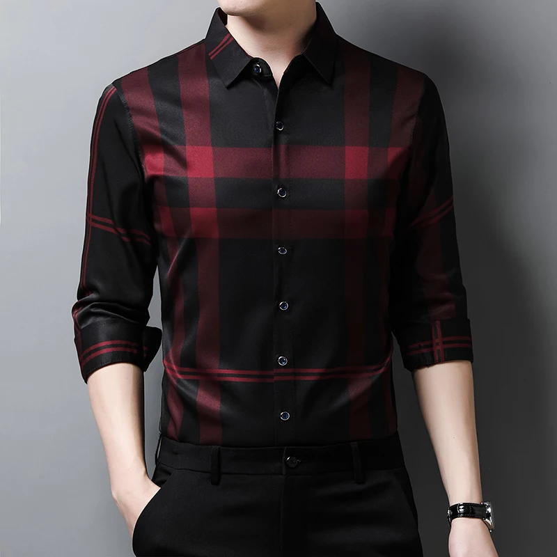Camisas ajustadas de seda para hombre, ropa Masculina informal de manga larga a cuadros, de alta calidad, nueva, C728