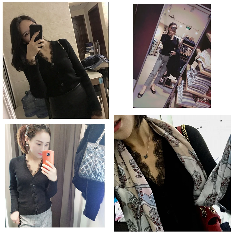 white sweater European and American fan sexy v-neck black knit sweater sweater coat female slim slimming lace cardigan bottoming shirt cropped cardigan