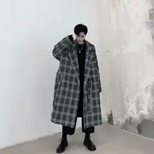 Мужская мода зима лацкане плед свободные длинные ветровки повседневные пальто L017