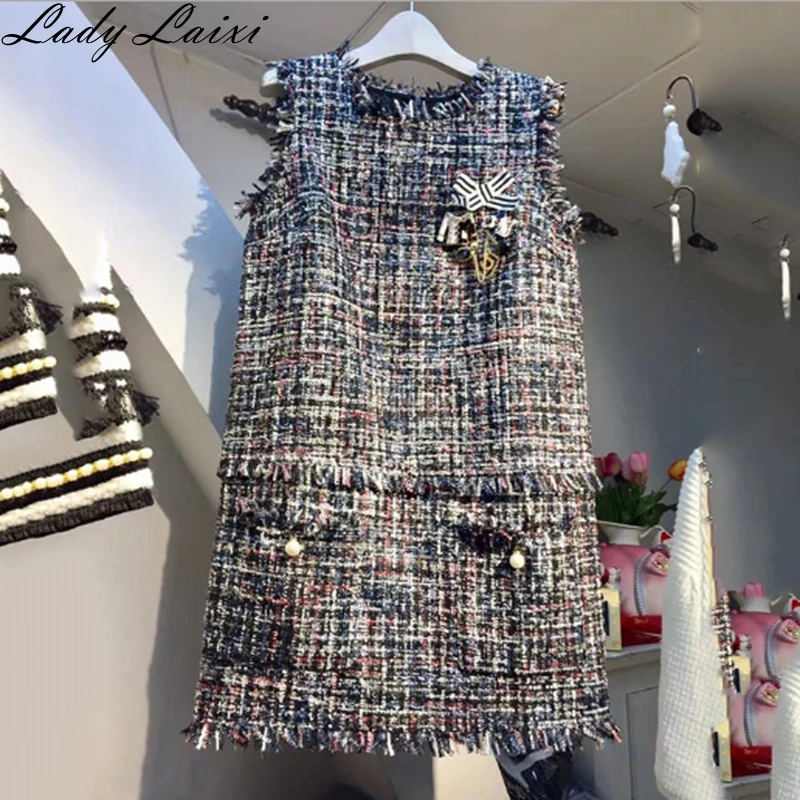 

Brand 2019 Autumn Winter Tweed Dress Ladies Wool Blend Sleeveless Casual Woolen Vest Dress Slim Fit Elegant Office Dress