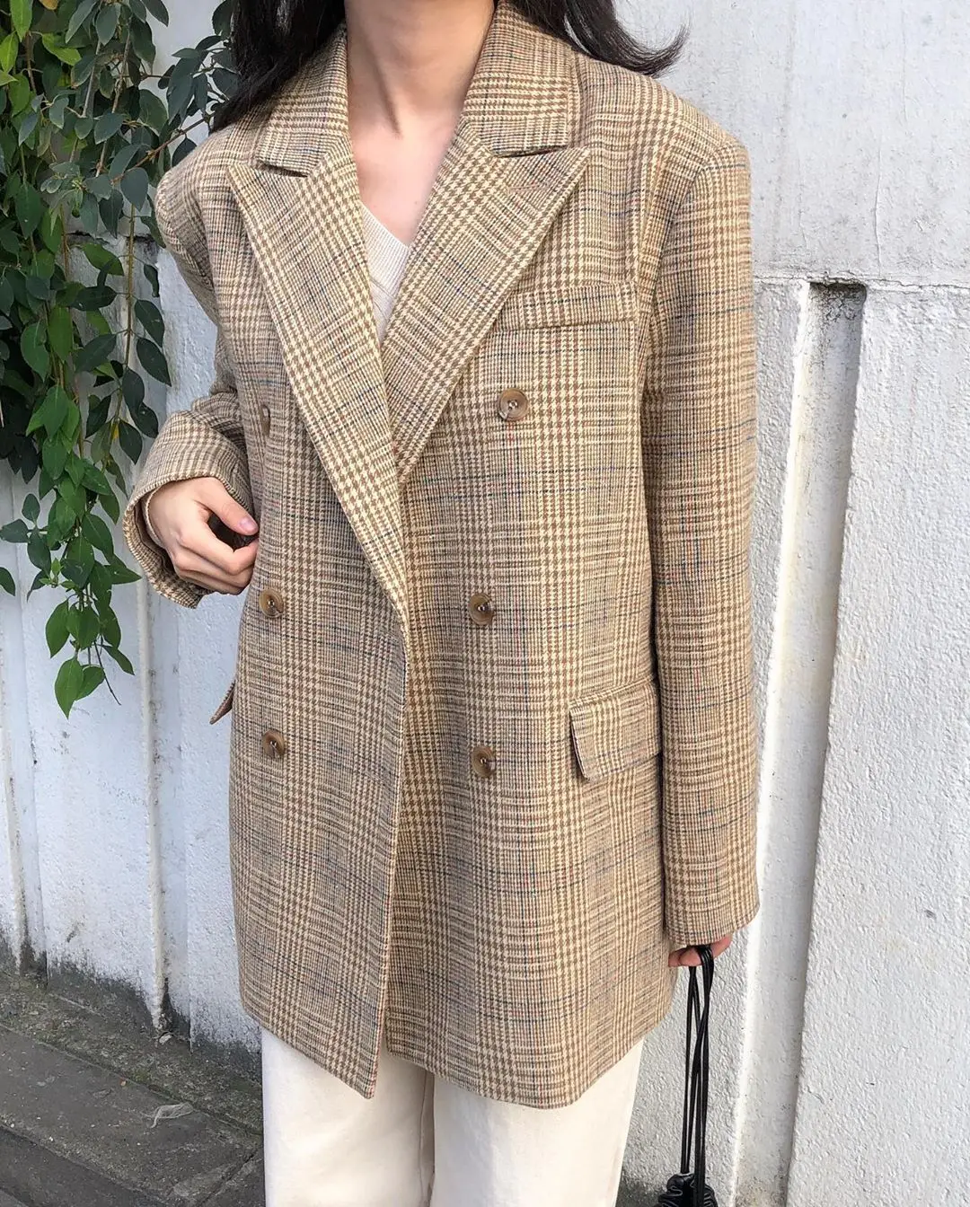 

British Retro Autumn and Winter Blazer Long Sleeve Loose Double-breasted Short Coat Pocket Coat Plaid Wool Office Street Coat