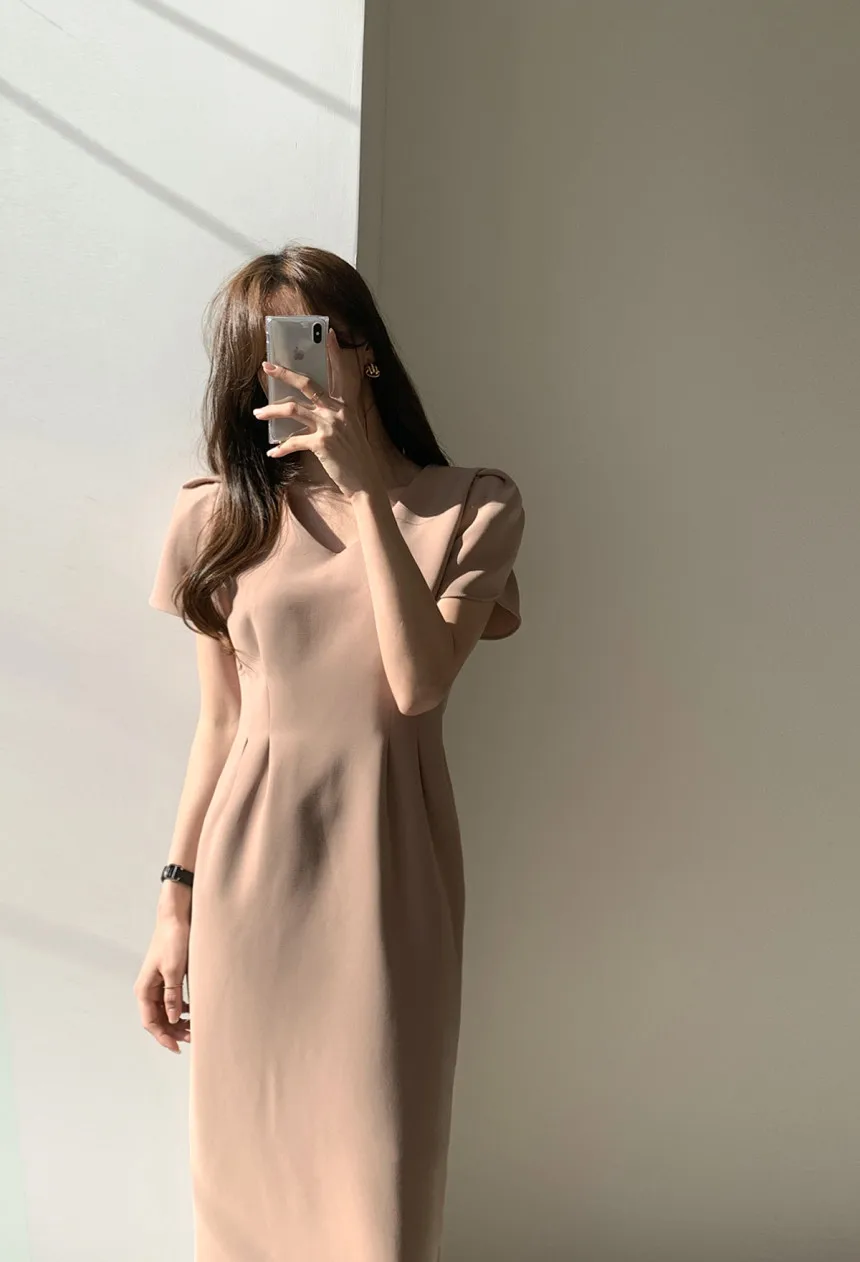 Woherb Korean Chic Women Dress Short Sleeve Casual V-Neck Elegant Office Lady Dresses 2020 New Slim Waist Robe Vestidos Mujer