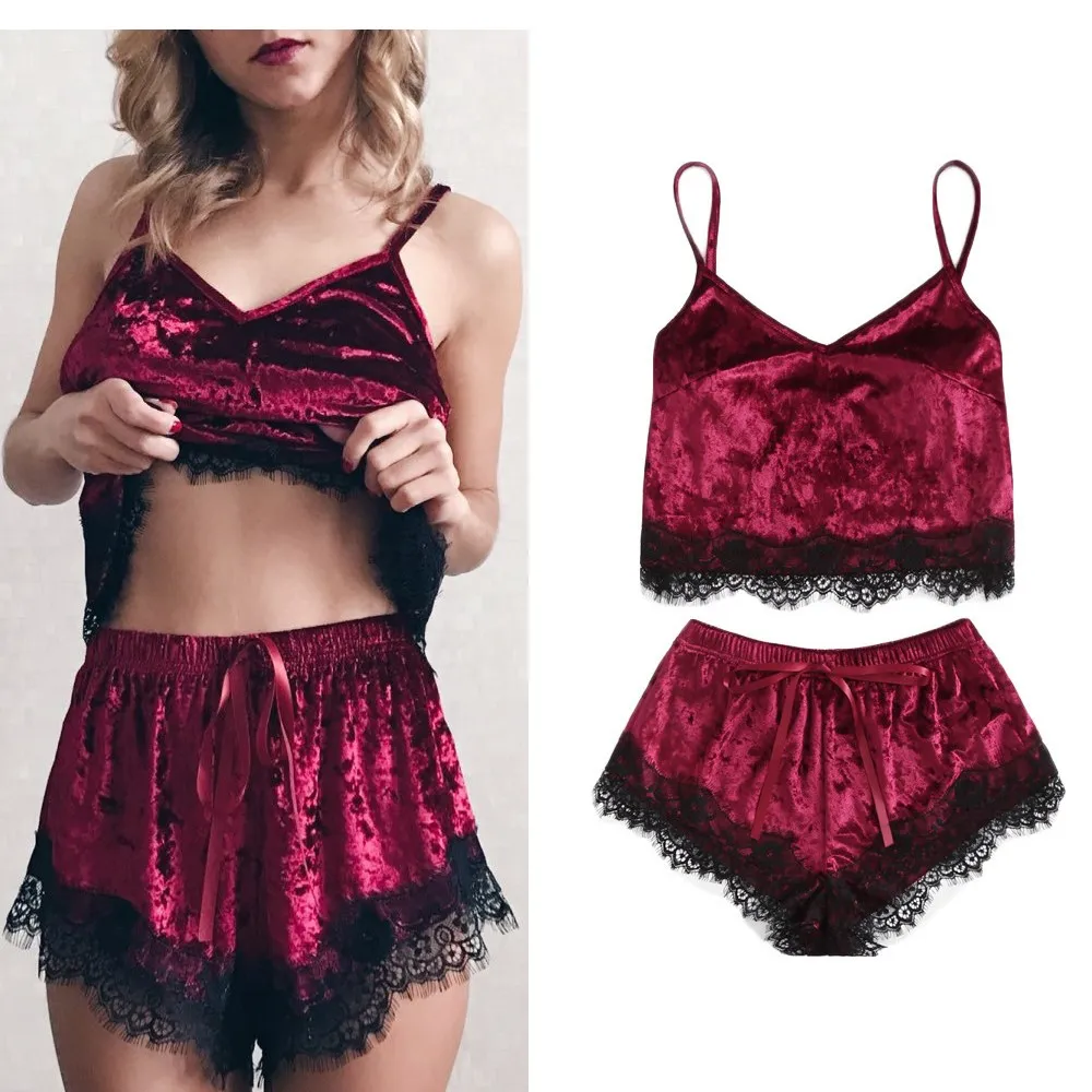 

Sexy Women Sleepwear Nightwear Ladies Sleeveless Strap Lace Top Lady Solid Color Pajama Set