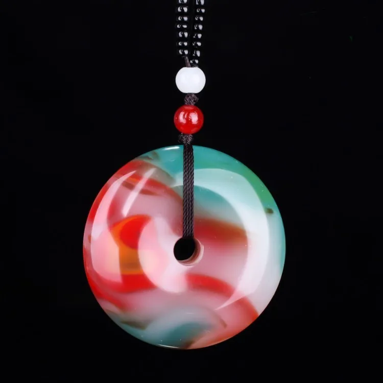 

Chinese Colorful Jade Safe buckle Pendant doughnut Necklace Jewellery Fashion Hand-Carved Relax Healing Man Women Luck Amulet