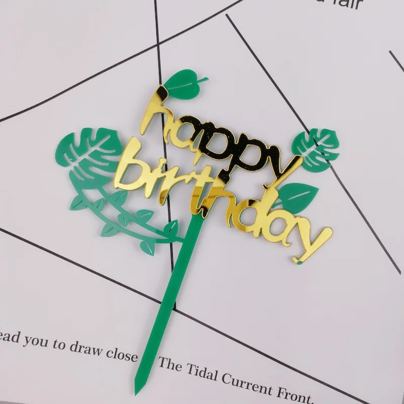 

2020 INS Leaves Acrylic Birthday Cake Topper Green Tree Leaf Happy Birthday Cake Topper for Kids Birthdy Party Cake Decoratons