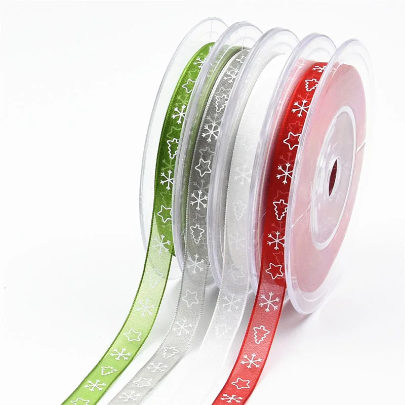 

10M/roll Organza Christmas Ribbon 10mm Christmas Tree Printed Polyester Ribbon for Christmas Party Decoration DIY Sewing Fabric