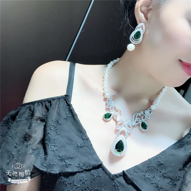 Micro inlay green zircon clasp accessory Luxury freshwater pearl earrings necklace set fashion jewelry