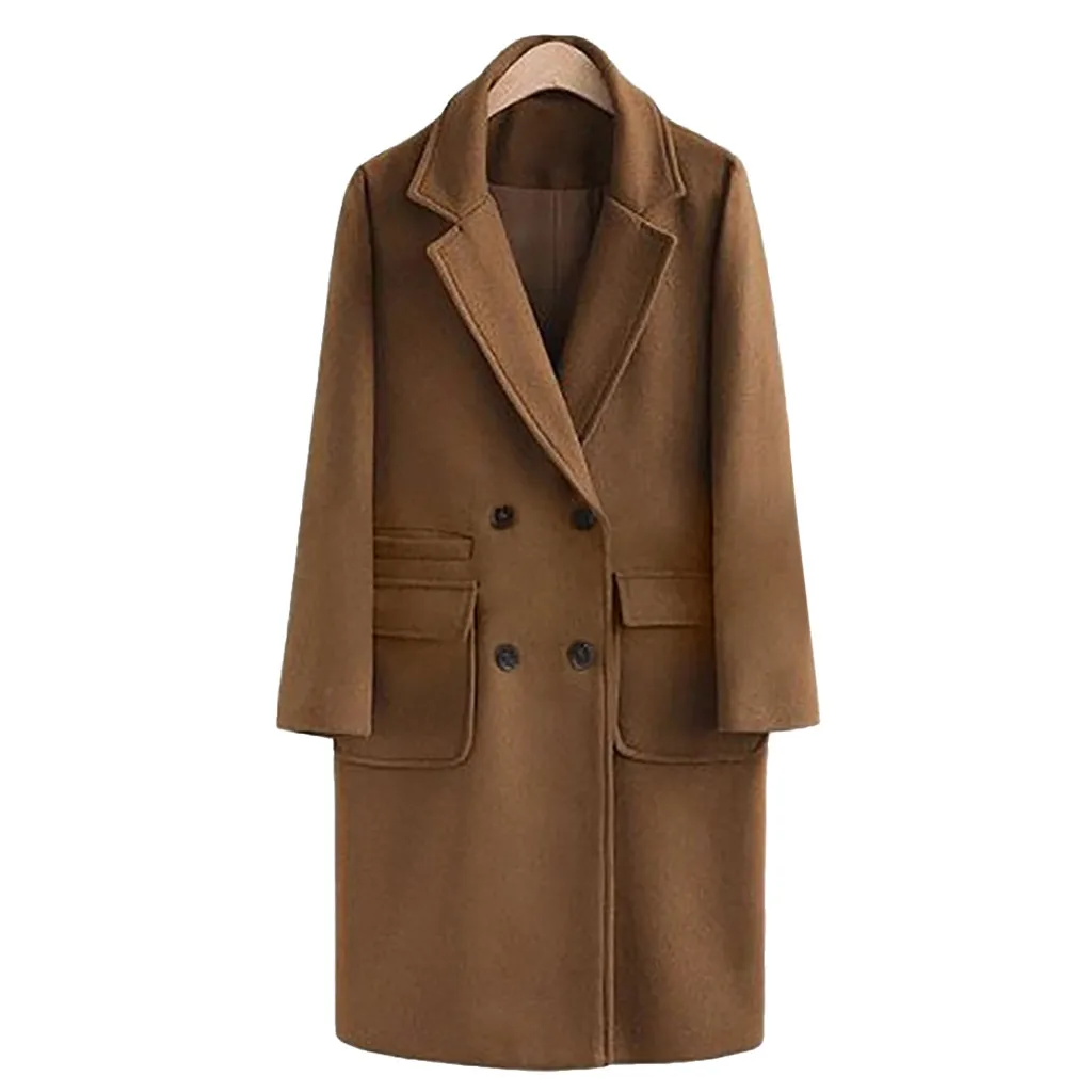 Женские куртки, зимние теплые шерстяные пальто с отворотом, большие размеры, модная Осенняя Женская одежда, куртка, пальто с большими карманами, верхняя одежда