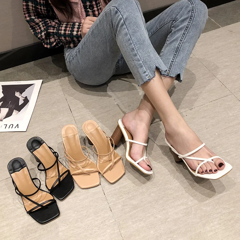 Женские летние шлепанцы модные сандалии с открытым носком и узкими лентами