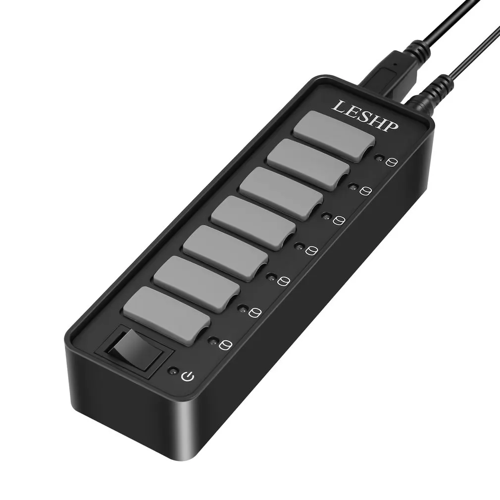 7 портов USB 3,0 концентратор Высокоскоростной 5 Гбит/с USB 3,0 концентратор данных разветвитель со светодиодами и переключателем внешний адаптер питания для ПК ноутбука