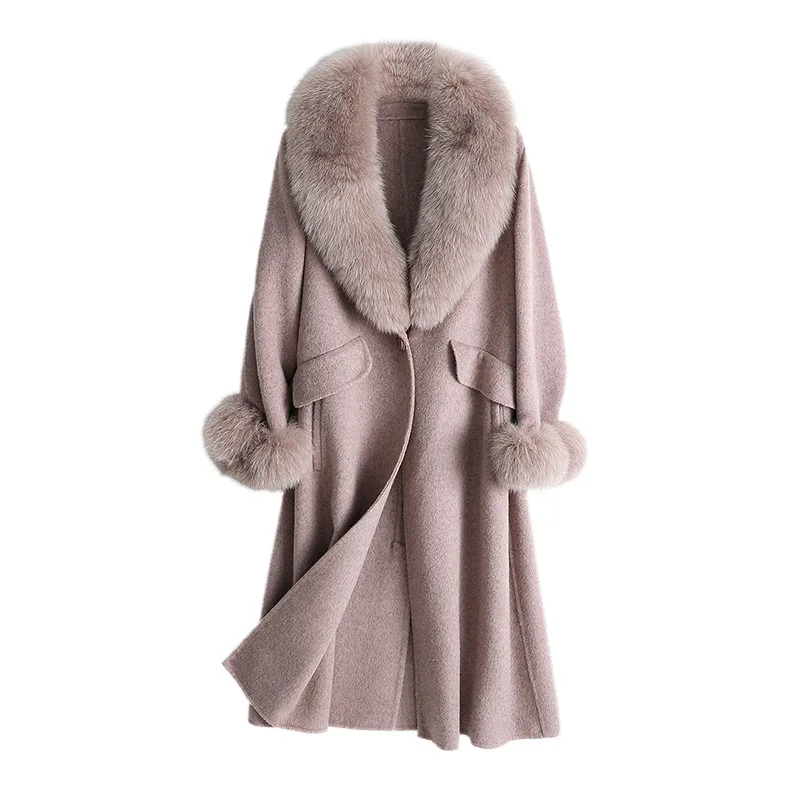 

New Winter Wool Coats Long Slim Single Breasted Solid Middle Length Kaqhi Fox Fur Trun-down Collar Women Warm OL Jackets 2020
