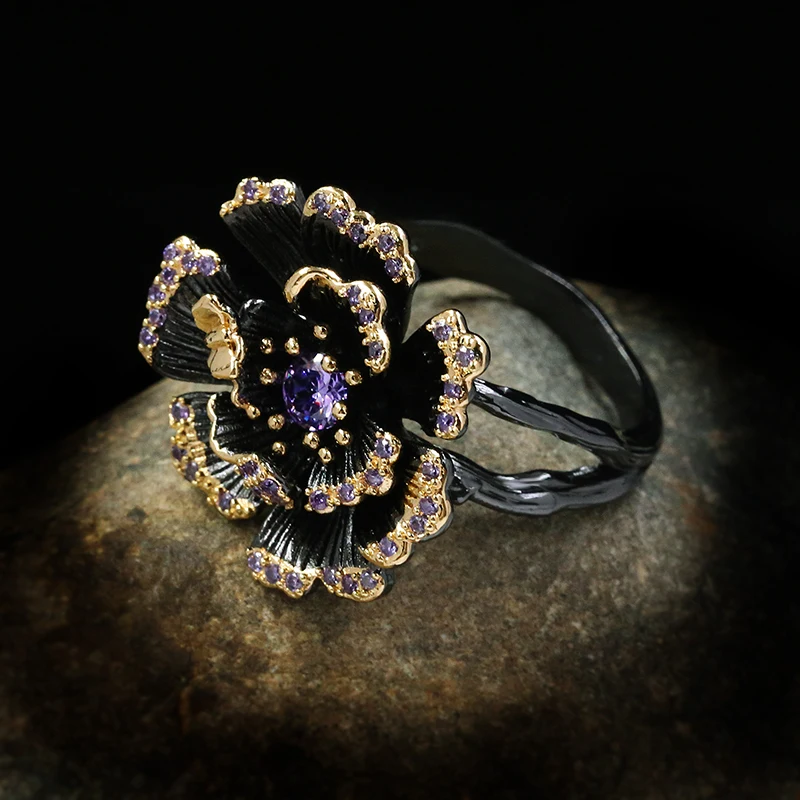 Exquisite Creative Blooming Flowers Stop Butterfly Ring Black Gold 925 Silver Jewelry Luxury Purple Shiny Zircon Ladies Ring silver ring,silver rings,rose flower ring,metal flower ring,enamel butterfly ring
