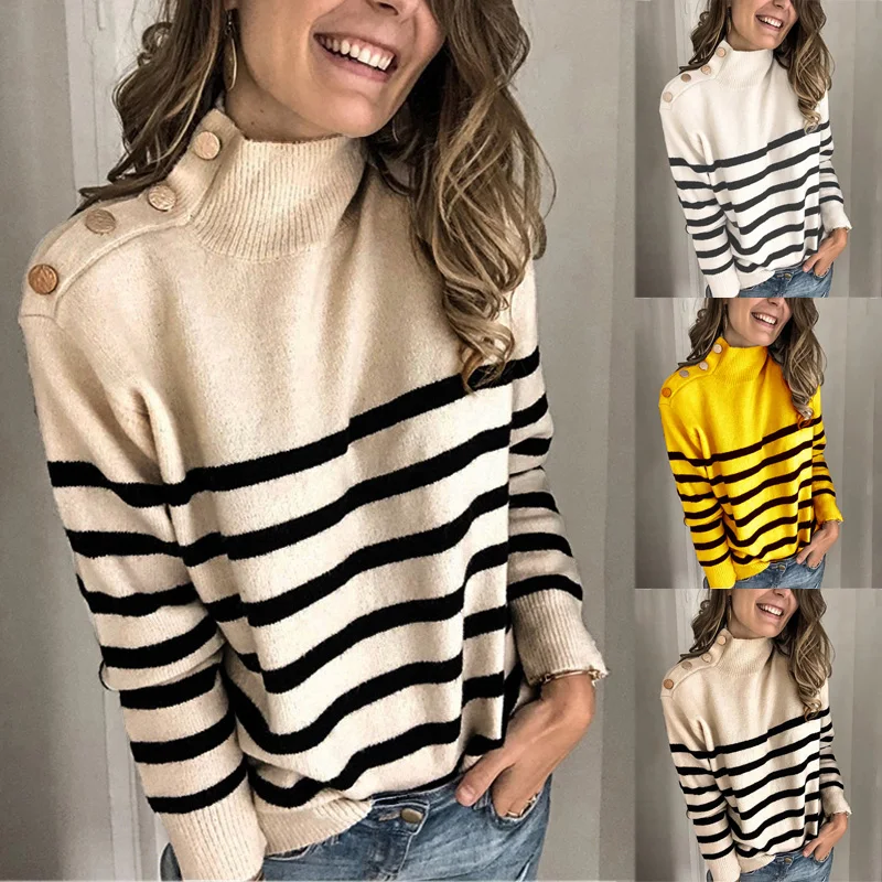Autumn winter New fashion knitted turtleneck Covered Button sweater pullover Casual striped sweater O-Neck Pullovers sweater