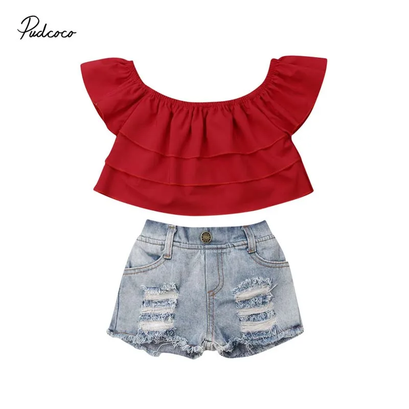 Shorts 2PC Set Baby Girl Kids Summer Toddler Outfits Clothes T-shirt Ruffle Top