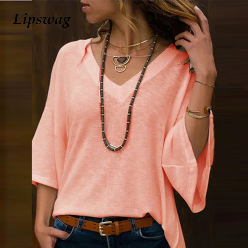 

XS-5XL Lady Solid V Neck Blouse Shirt Women Spring Summer 3/4 Flare Sleeve Blouses Casual Loose Streetwear Blusas Tops Plus Size