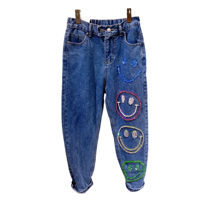 

2023 Harem Pants Vintage High Waist Jeans women flashing diamonds smiley face baggy pants casual loose denim pants