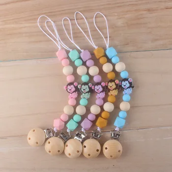 

Wooden Pacifier Holder Chain Clip Lion Silicone Beads Pendant Eco-friendly Teething Clip Leash Strap