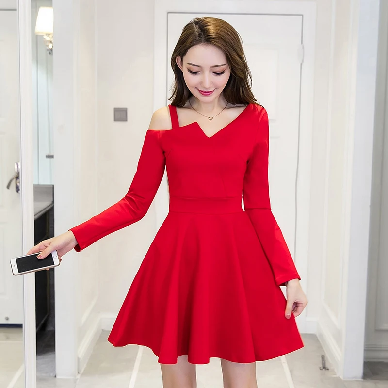 

2019 New Black Long Sleeve Dress Women S-XL Office Simple Solid Color Mini Dress Red Sweet A Line Vintage Ladies Dresses Elegant