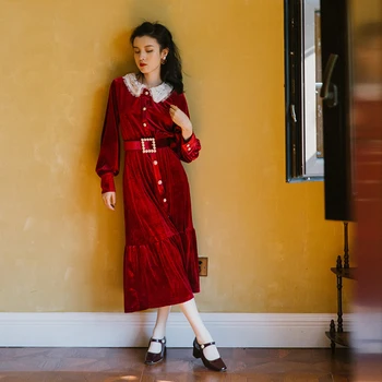 

Vintage Women dress Peter pan Collar Lace French Pleuche Dresses Red 3563