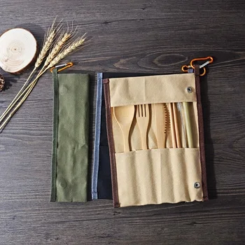 

100sets Outdoor Portable Cutlery Set Bamboo Flatware Set Knife Fork Spoon Straw Chopsticks with Canvas Bag WB1281