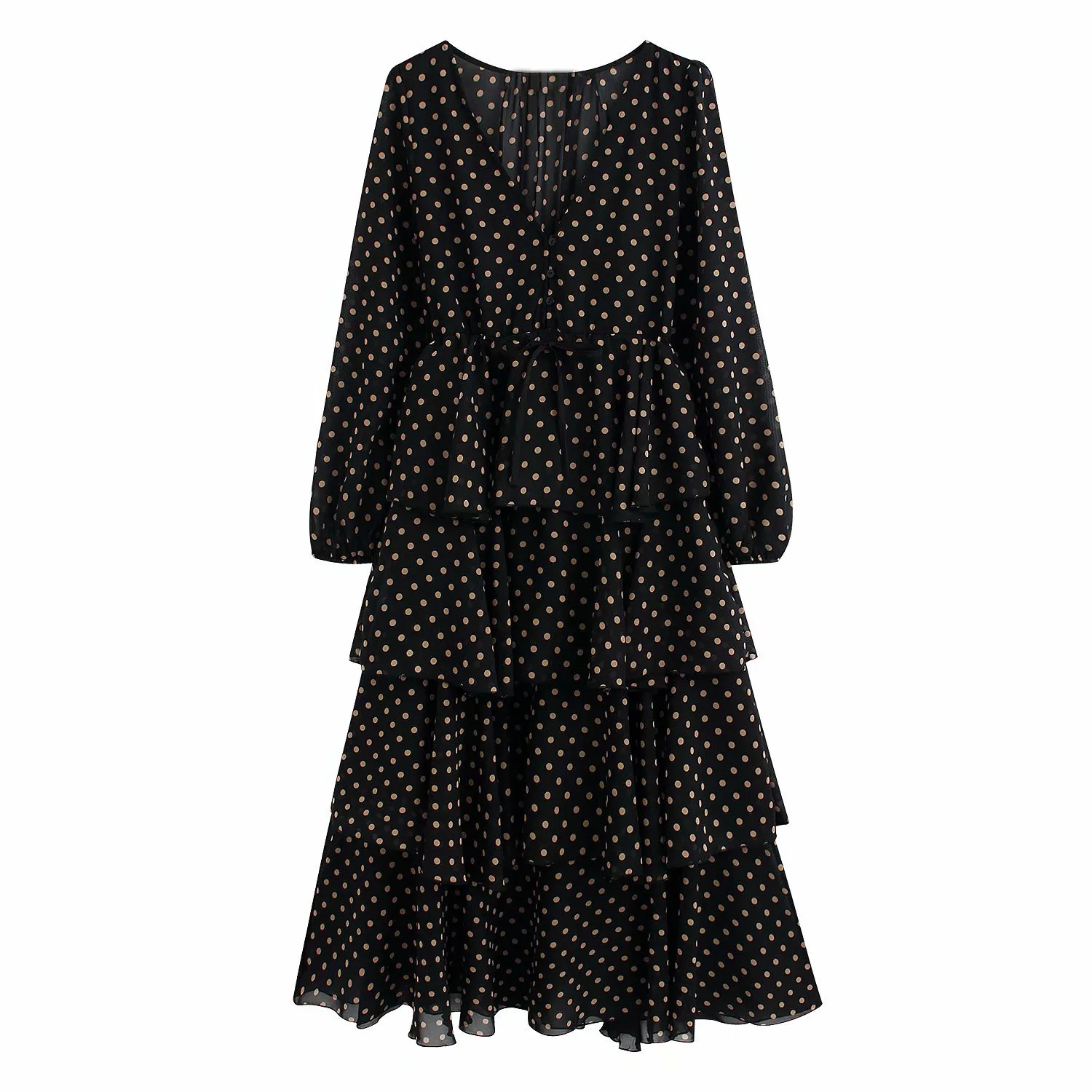 

M1390-Western Style WOMEN'S Dress 2019 Spring And Autumn New Style V-neck Drawstring Polka Dot Long Sleeve Cake Dress