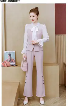 

S-2XL Plus Size 2 Piece Set Women Striped Chiffon Patchwork Bow Collar Top ButtonFly flares Pants Perfect Quality Two Piece Set