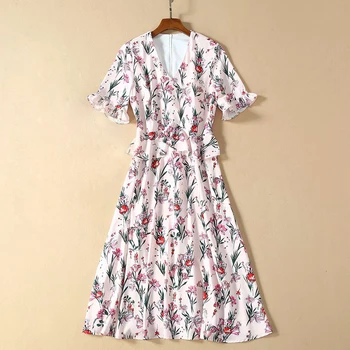 

HIGH QUALITY Newest Fashion 2020 Runway Dress Women's V Collar Charming Floral Print Mid-Calf Dresss