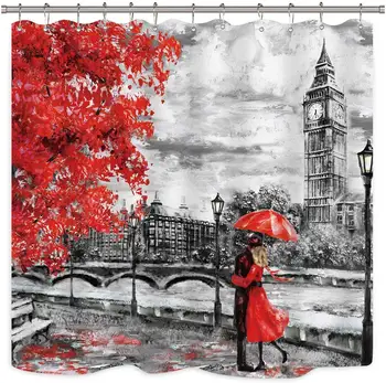 

London Big Ben Shower Curtain Urban Sight European Street Red and Black Romantic Maple Tree Leaves Fabric Waterproof Home