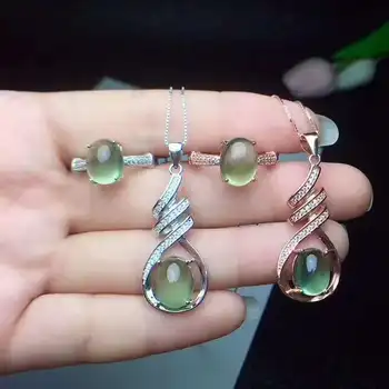 

The Best engagement Gift Real Natural Prehnite jewelry set Natural Real Prehnite 925 sterling silver 1pc pendant,1pc ring