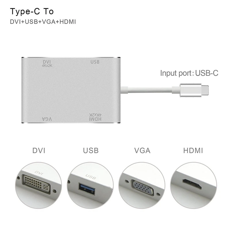 4 в 1 Usb 3,1 type C-Hdmi, Vga, Dvi, Usb 3,0 выход Usb C Удлинительный концентратор 4K 1080P 3D видео конвертер для Macbook Chromebook ноутбуков