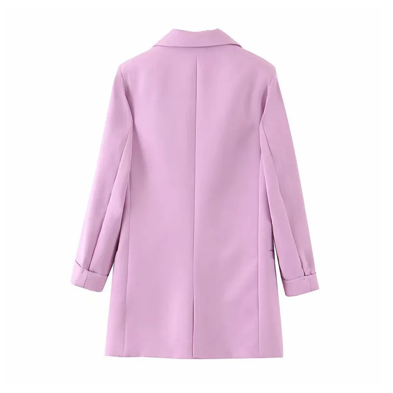 Women chic blue blazer decorate button open stitch pockets back split Violet blazers female work wear stylish coat