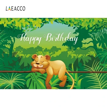

Laeacco Happy Birthday Backdrops for Photography Tropical Green Grass Lion Safari Party Photo Backgrounds Newborn Photophone