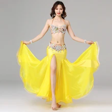 Женская египетская танцевальная одежда женская вышитая бисером наряд чашка 34B/36B/38B Восточный набор костюма для танца живота бюстгальтер пояс юбка желтый
