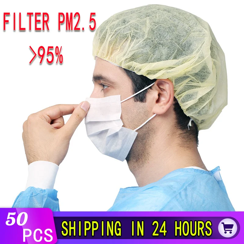 

50pcs Disposable Mask 3 Layers Anti-Virus Face Mask Anti-Dust Protection Respirator Ear Loop Bacterial Filtration Safty Mask
