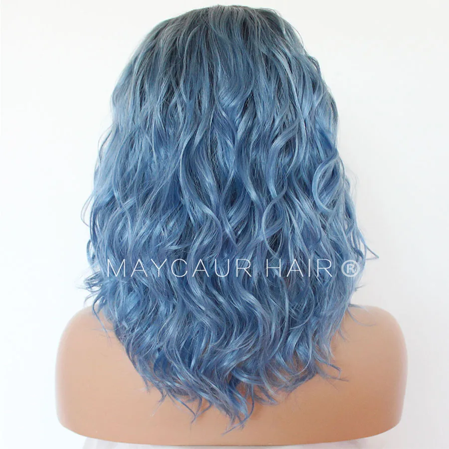 Maycaur Lace Front Wigs Short Wavy Hair Blue Color Synthetic Wigs for Black Women Natural Color Half Hand Tied Heat Resistant Soft Fiber Hair 16 Inch  (6)
