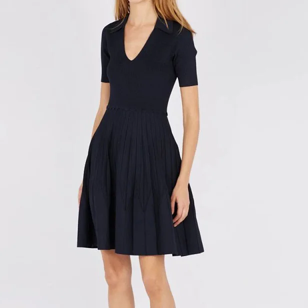 

Women Viscose Blend V Neck Short Sleeve Knitted Pleated Mini Dress With Gathring Waist - Ladies Fall 2019 New Navy Casual Dress