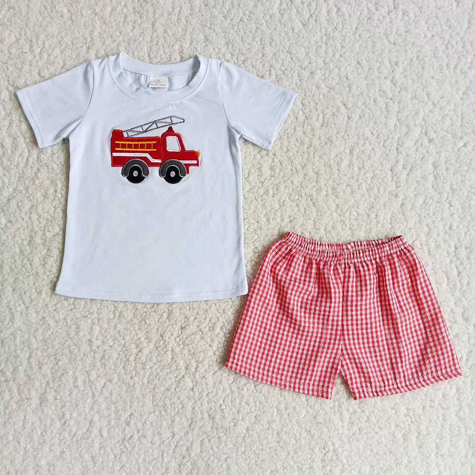 Ropa de diseño para niños, de verano para niños, bordado de camión de bomberos, Boutique, pantalones cortos a rayas de celosía, venta al por mayor|set de ropa| - AliExpress